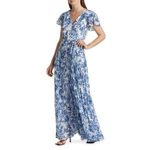 ML Monique Lhuillier Flutter Sleeve Pleated Maxi Dress